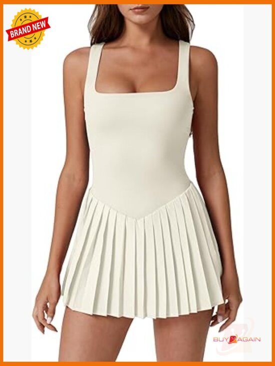 Pants - Square Neck Tennis Dress with Built-in Shorts, Pockets, Pleated